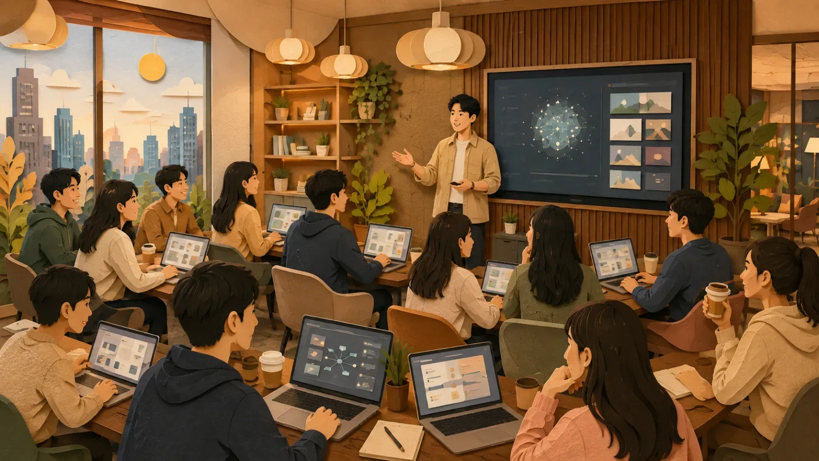 8/30 AI 內容產製系統工作坊上課現場,講師在臺前講解五層內容產製架構,學員各自打開筆電實作