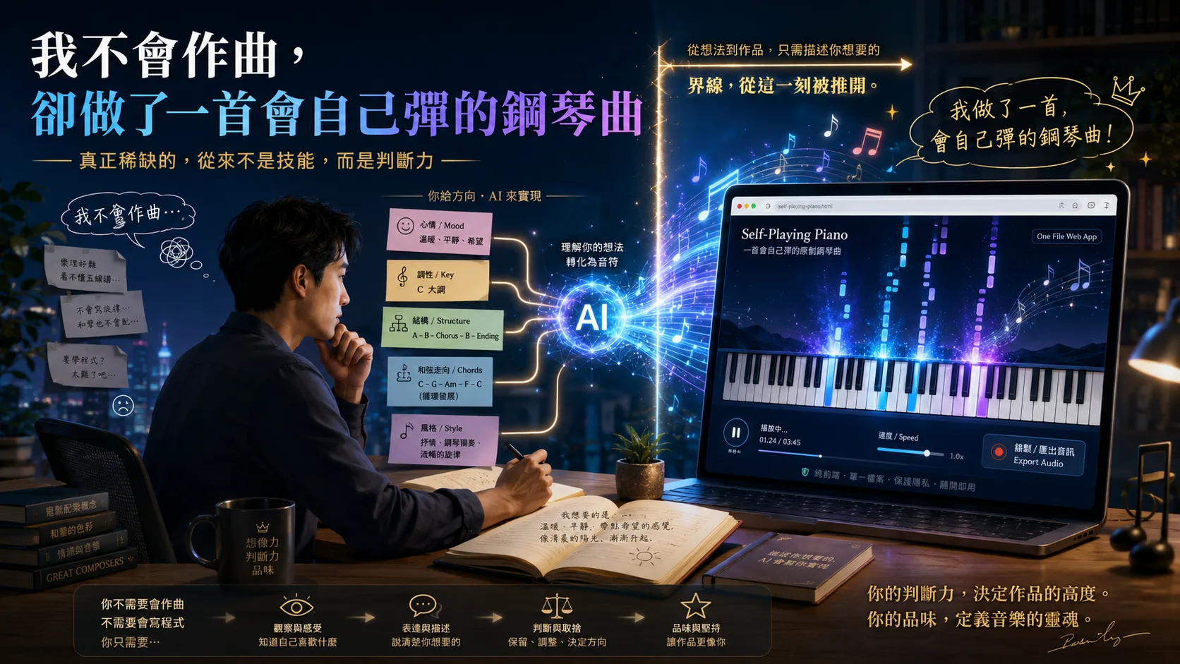 我不會作曲，卻做了一首會自己彈的鋼琴曲：真正稀缺的，從來不是技能，而是判斷力