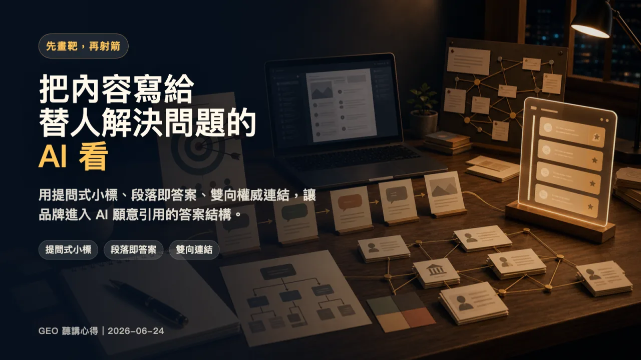 把內容寫給替人解決問題的 AI 看:先畫靶再射箭、提問式小標、段落即答案、雙向權威連結