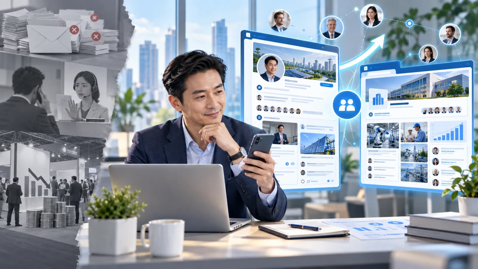 企業主拿著手機瀏覽 LinkedIn 個人檔案與企業專頁,一旁是被退回的冷郵件、被擋下的電話拜訪與冷清的展會