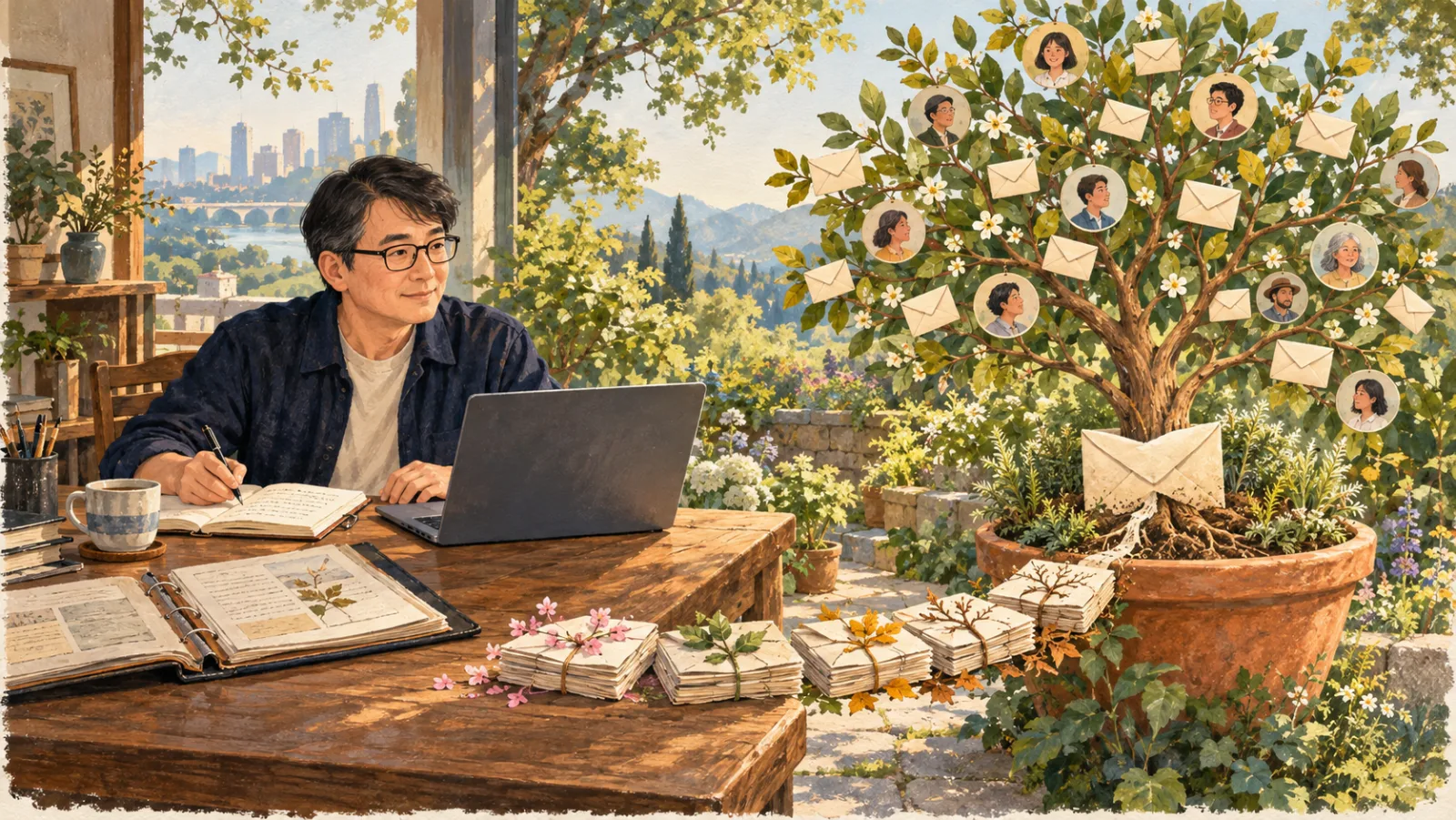 A tree of readers growing beside a desk, its branches hung with envelopes and reader portraits