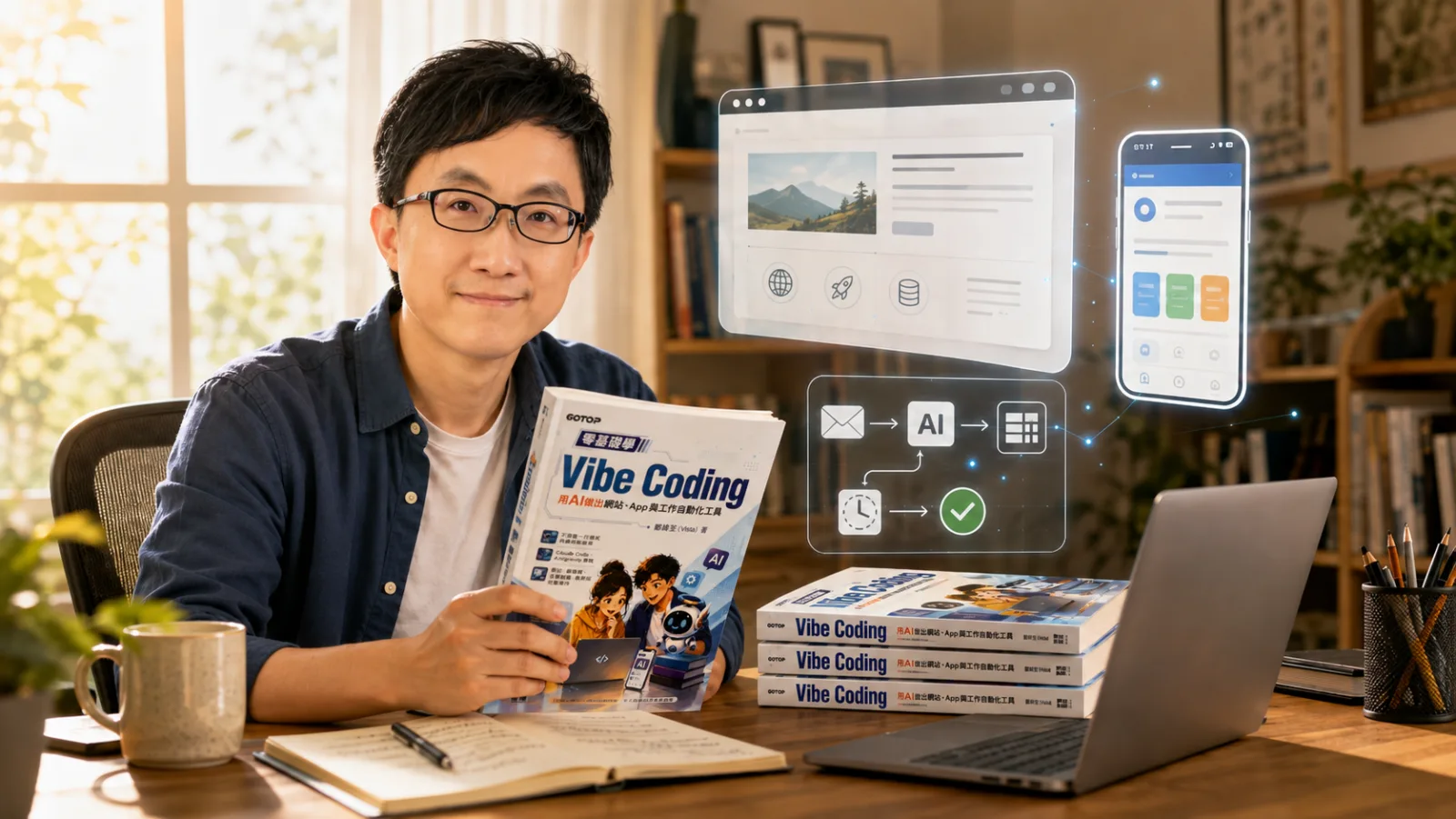 Vista 手拿《零基礎學 Vibe Coding》書本,背後浮現網站、App、自動化流程的數位插畫
