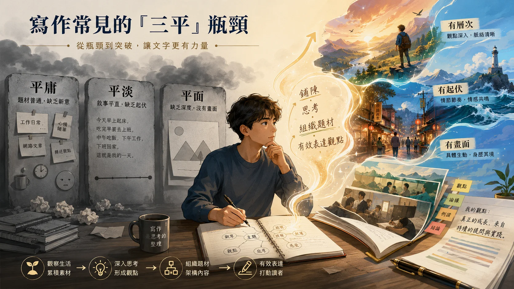 寫作最常見的三個瓶頸：平庸、平淡、平面，與我這些年跨過去的方式
