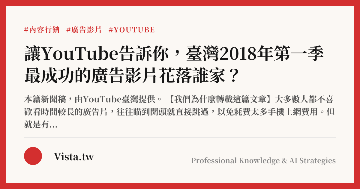 讓YouTube告訴你，臺灣2018年第一季最成功的廣告影片花落誰家？